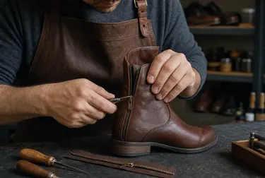 Sapateiro consertando zíper de bota em Mogi das Cruzes.