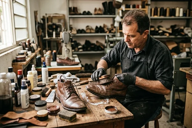 Sapatos sendo cuidados em Mogi das Cruzes.
